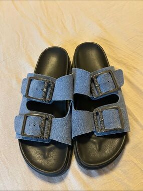 Women's Double-Buckle Slide Sandals in Denim Blue